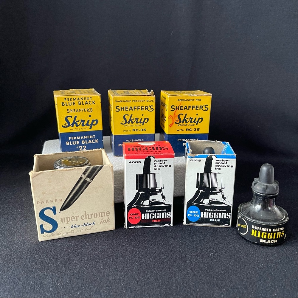 7 Bottles with 6 boxes - Writing Fluid & Drawing Ink - Vintage